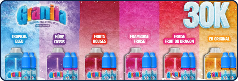 6 saveurs Granita : Tropical Bleu, Fruits Rouges, etc.