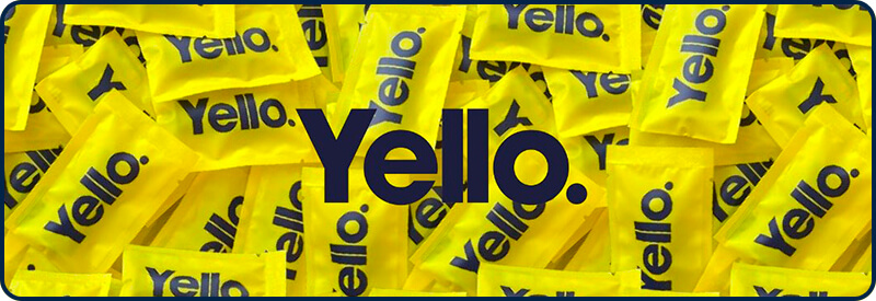Logo Yello avec les sachets de protection des cartouches Pod